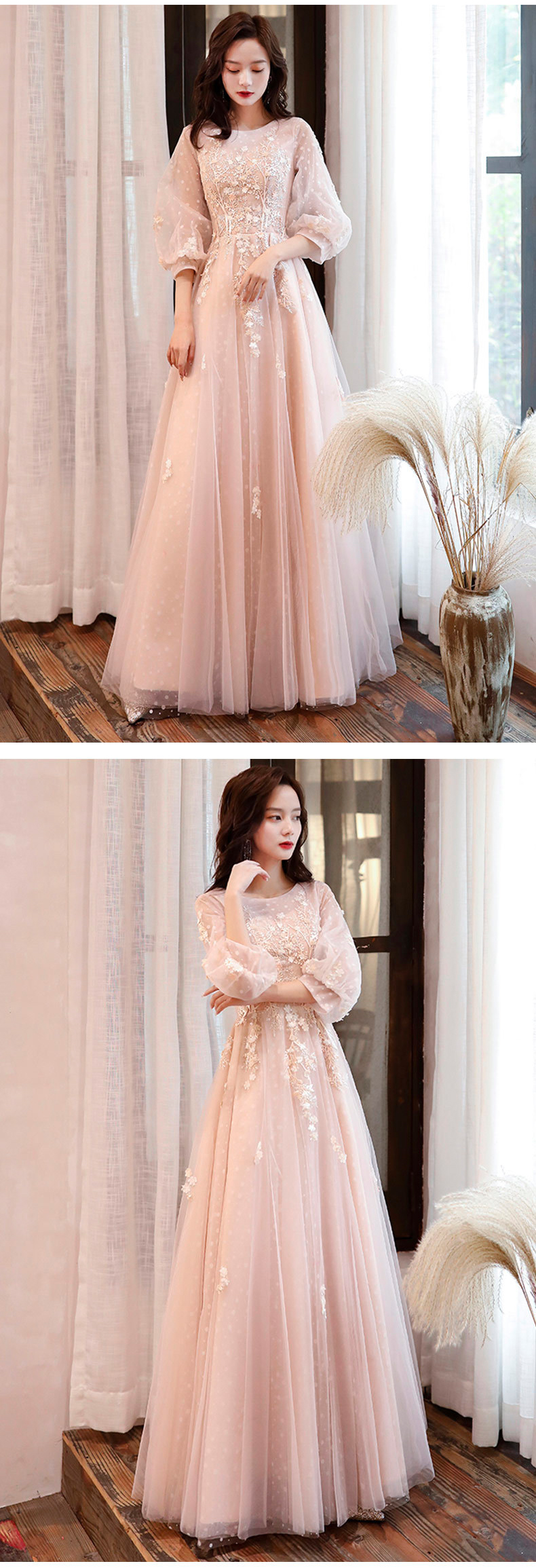 A Line Champagne Long Sleeve Lace Prom Dress for Women11