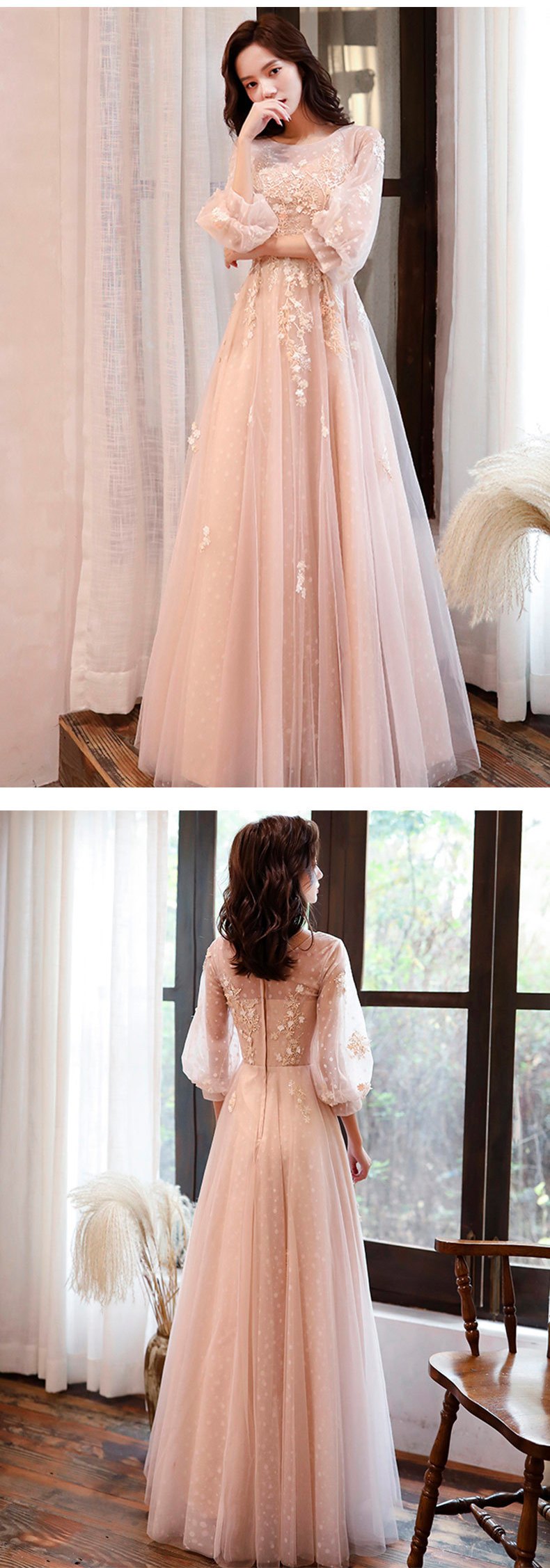 A Line Champagne Long Sleeve Lace Prom Dress for Women12