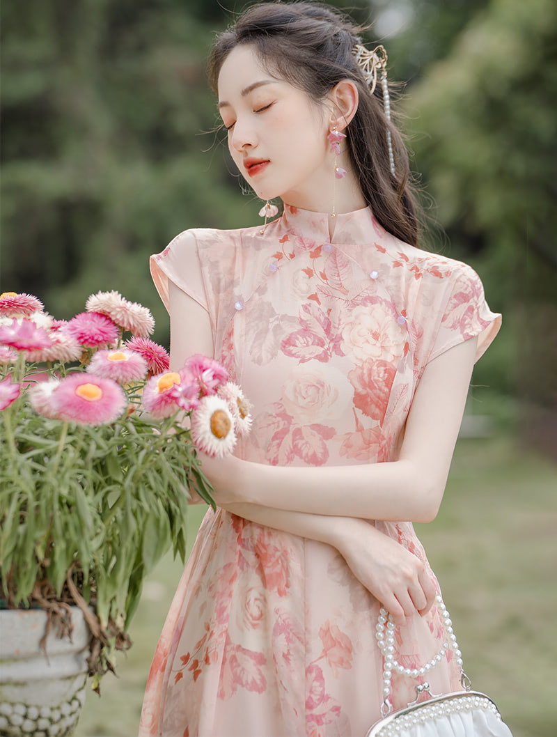 A Line Stand Collar Chiffon Pink Floral Print Summer Maxi Dress02