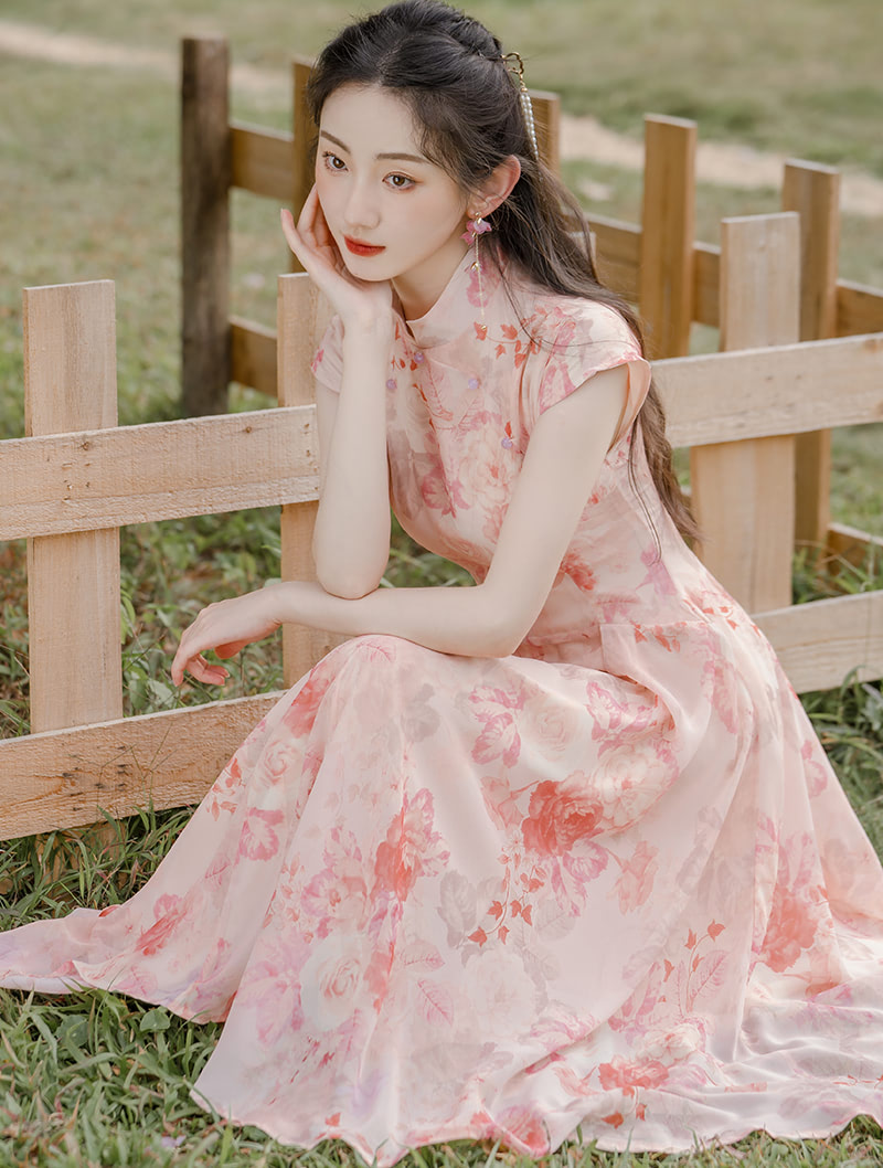 A Line Stand Collar Chiffon Pink Floral Print Summer Maxi Dress01