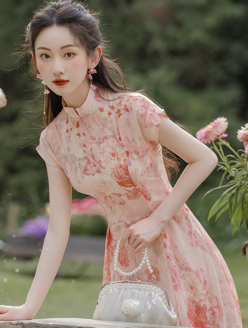 A Line Stand Collar Chiffon Pink Floral Print Summer Maxi Dress04