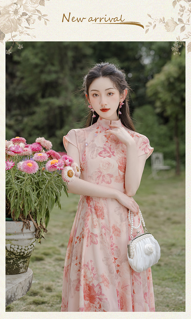 A-Line-Stand-Collar-Chiffon-Pink-Floral-Print-Summer-Maxi-Dress07