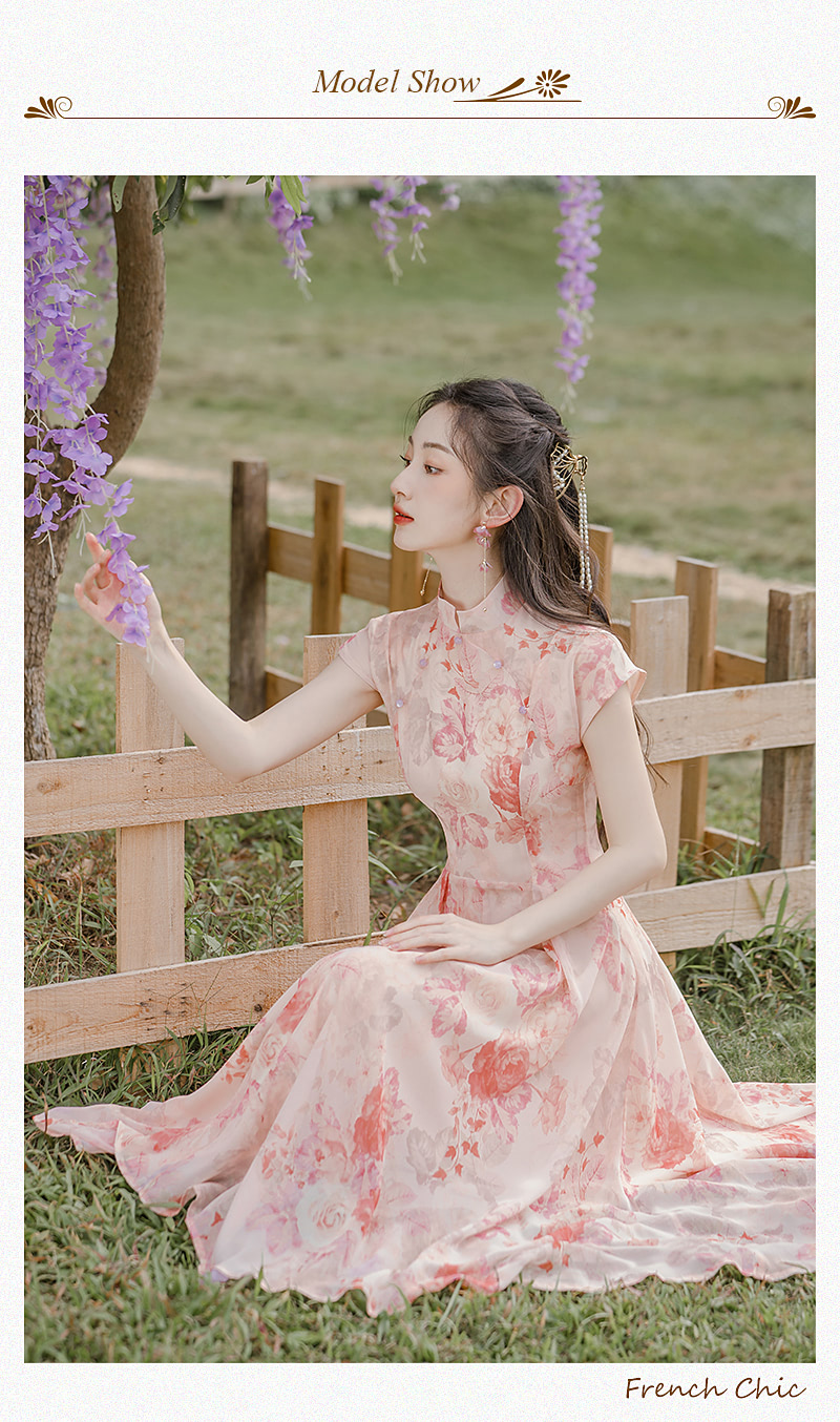 A-Line-Stand-Collar-Chiffon-Pink-Floral-Print-Summer-Maxi-Dress10