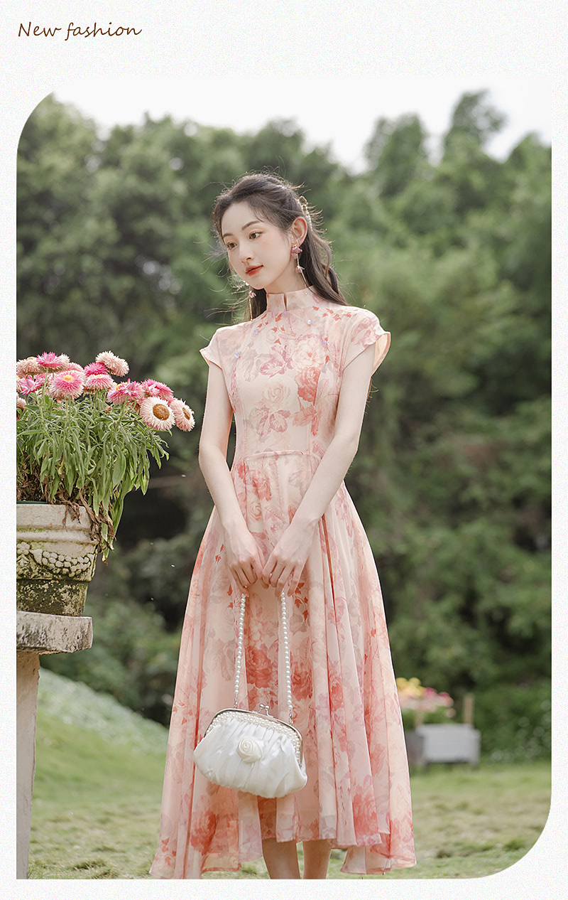 A-Line-Stand-Collar-Chiffon-Pink-Floral-Print-Summer-Maxi-Dress13