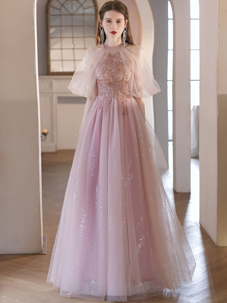 A line Fairy Pink Halter Neck Chiffon Maxi Prom Dress Long Ball Gown01