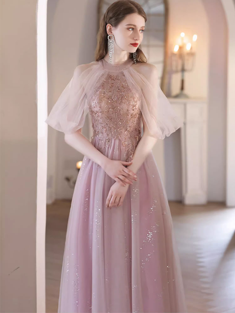 A line Fairy Pink Halter Neck Chiffon Maxi Prom Dress Long Ball Gown02
