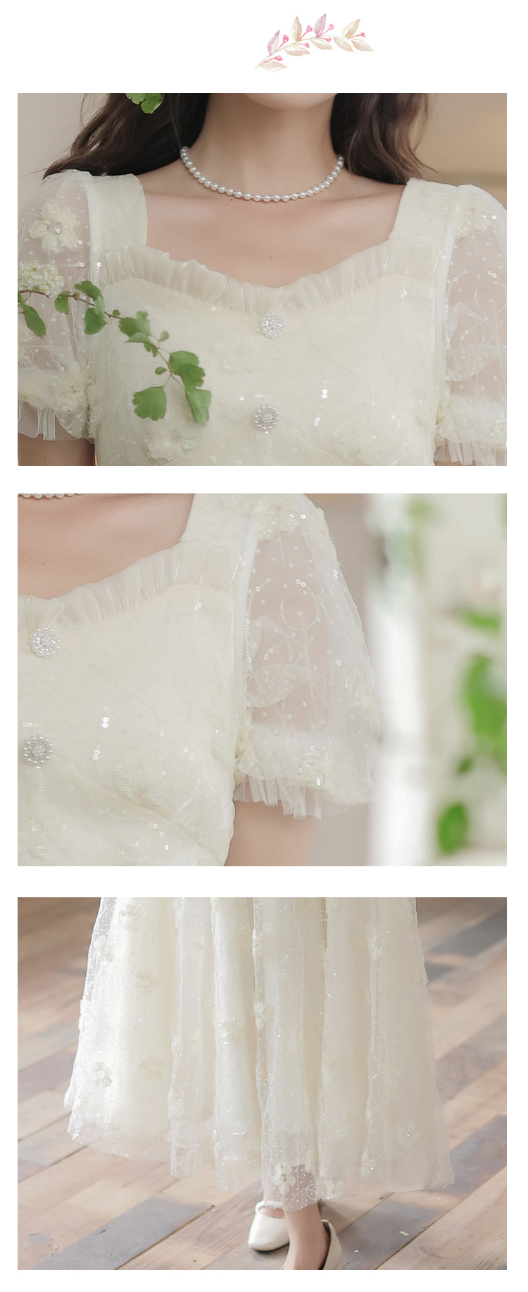 Aesthetic-Fairy-Floral-Sequin-Lace-Hollow-Bow-Casual-Long-Dress