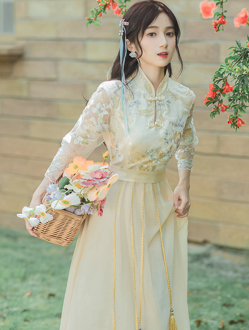 Aesthetic Vintage Floral Embroidery Mid Sleeve Casual Maxi Dress02