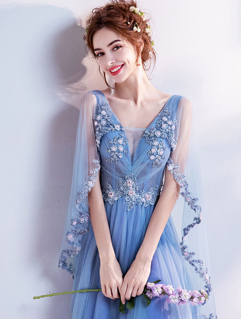 Beautiful Long Sleeve Blue Tulle Long Floral Prom Dress02