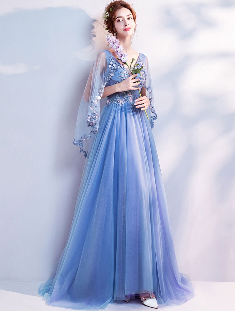 Beautiful Long Sleeve Blue Tulle Long Floral Prom Dress01