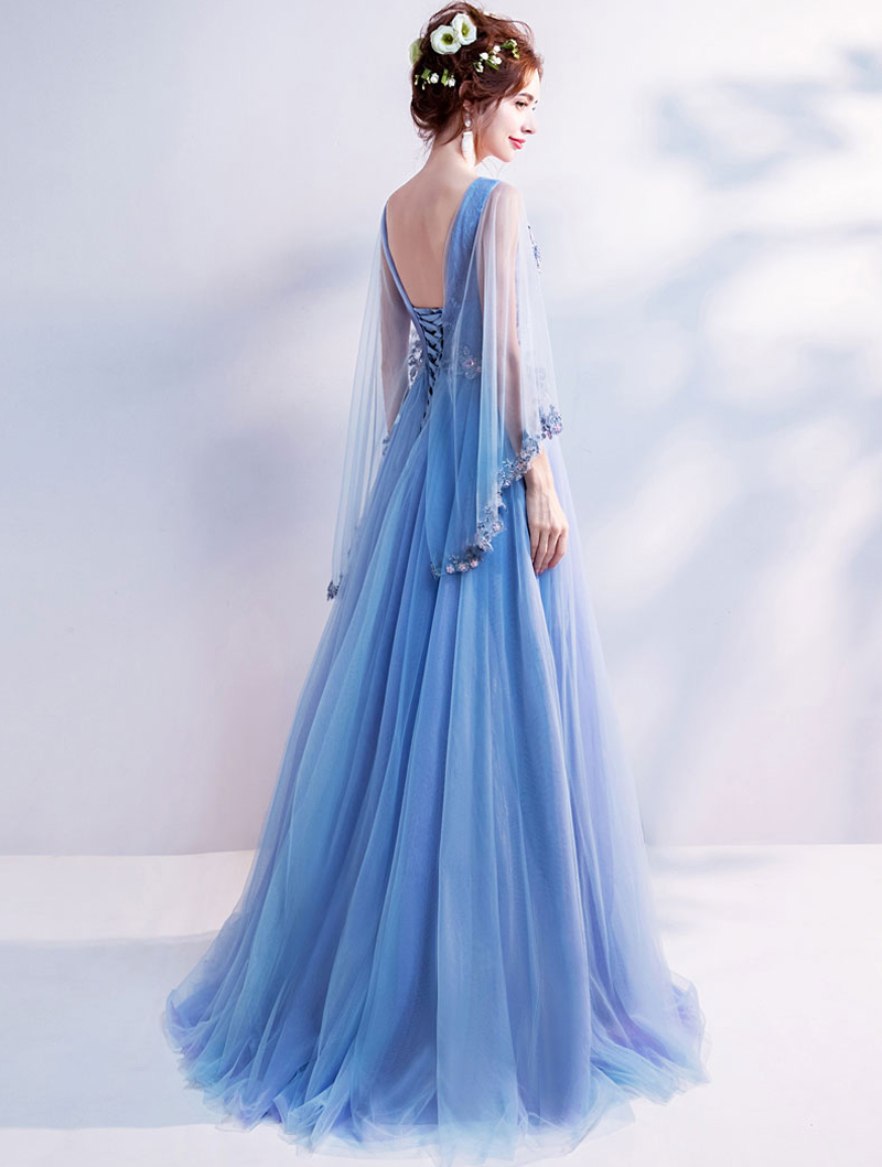 Beautiful Long Sleeve Blue Tulle Long Floral Prom Dress04