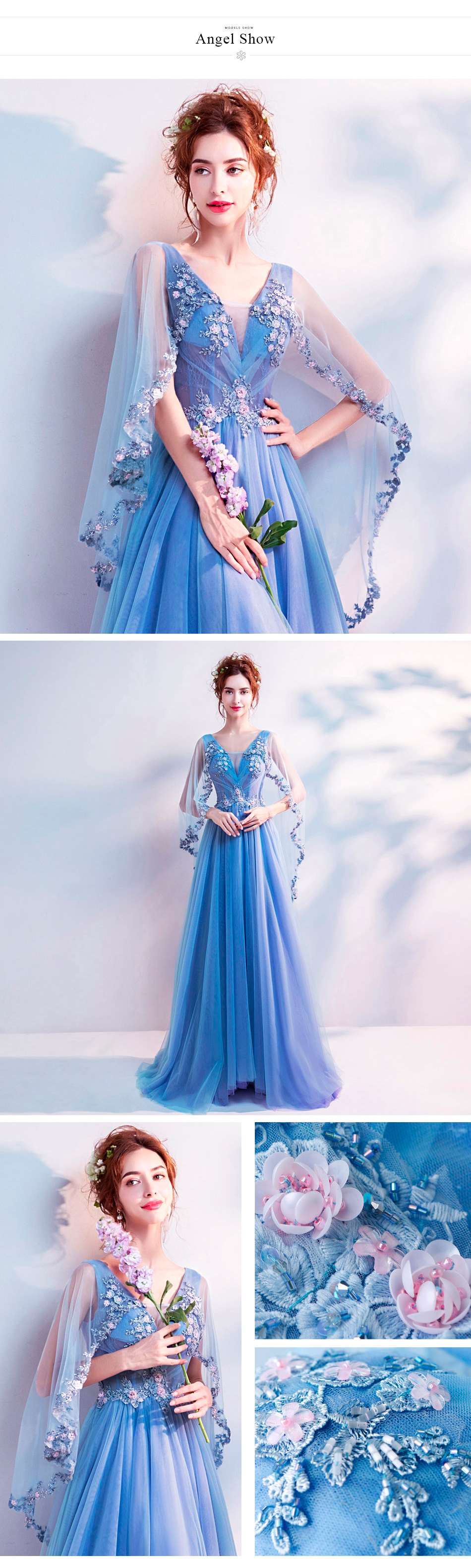 Beautiful Long Sleeve Blue Tulle Long Floral Prom Dress10