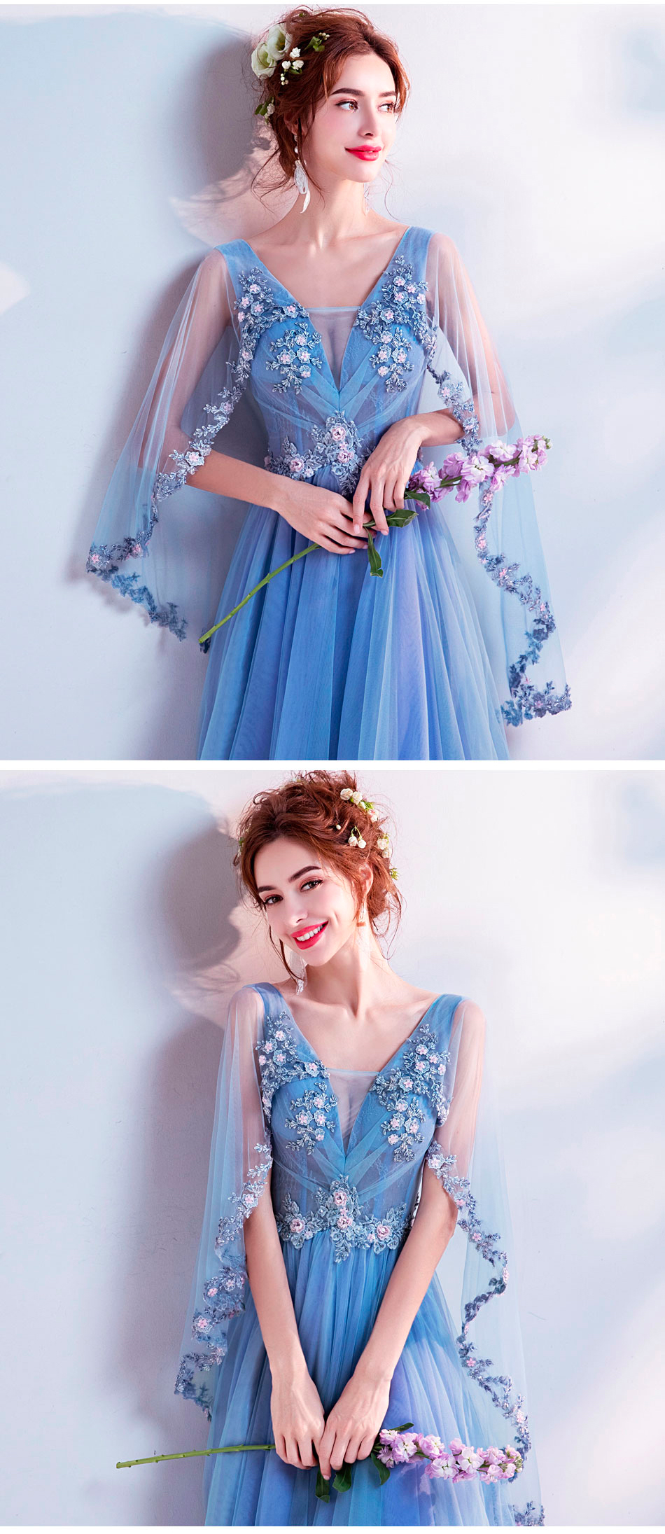 Beautiful Long Sleeve Blue Tulle Long Floral Prom Dress11