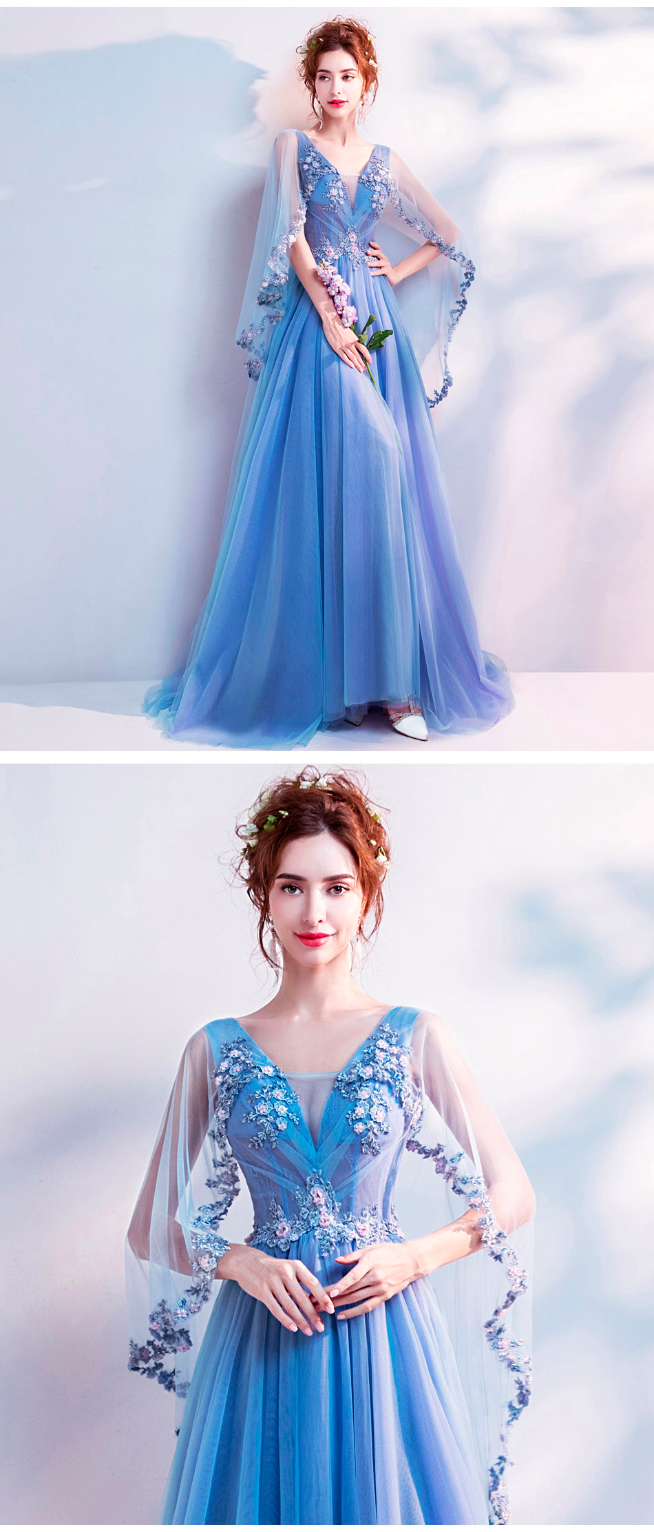 Beautiful Long Sleeve Blue Tulle Long Floral Prom Dress12