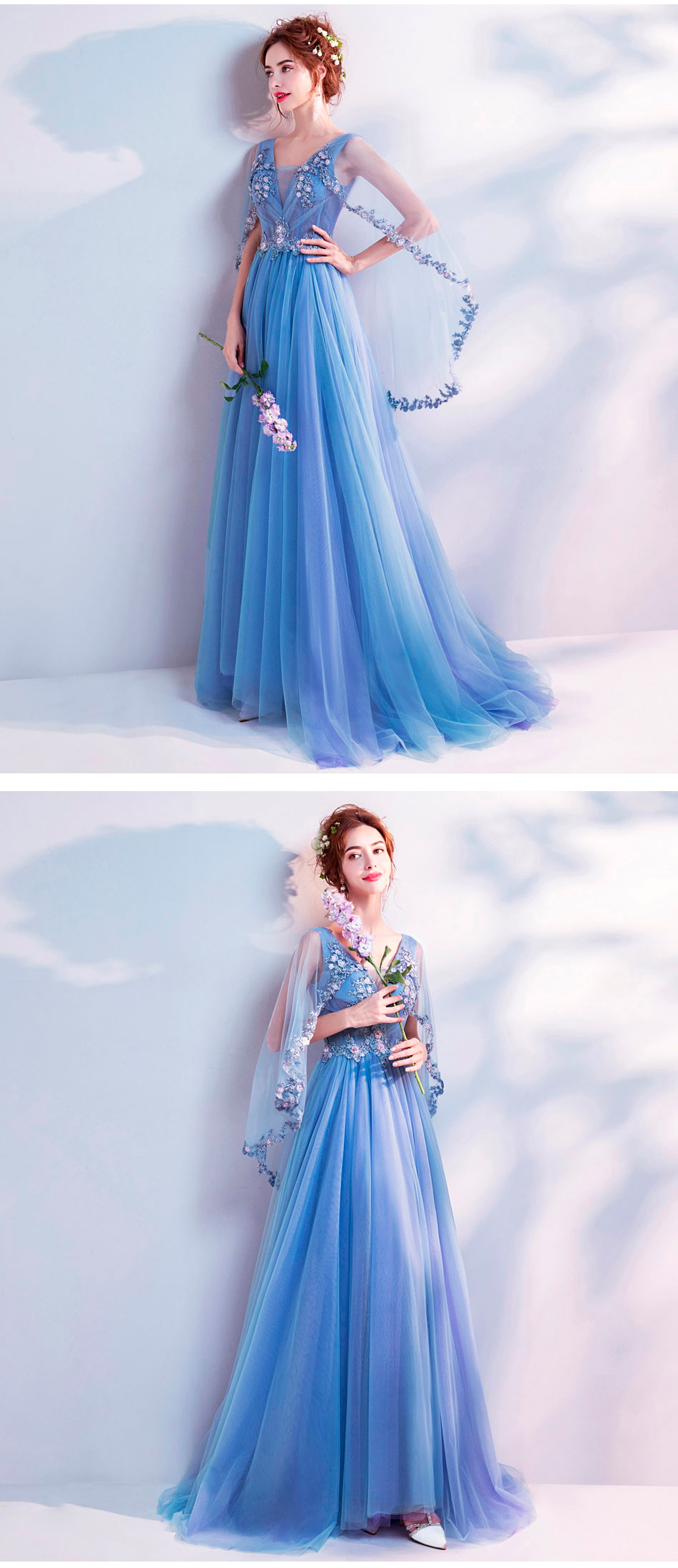 Beautiful Long Sleeve Blue Tulle Long Floral Prom Dress13