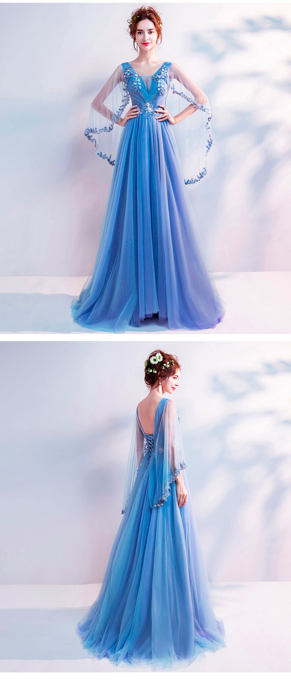 Beautiful Long Sleeve Blue Tulle Long Floral Prom Dress14