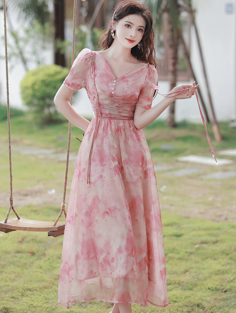 Beautiful Princess Pink Short Sleeve Flowy Summer Casual Dress01