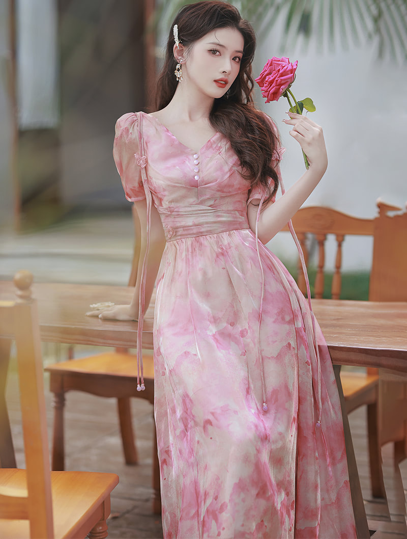 Beautiful Princess Pink Short Sleeve Flowy Summer Casual Dress02