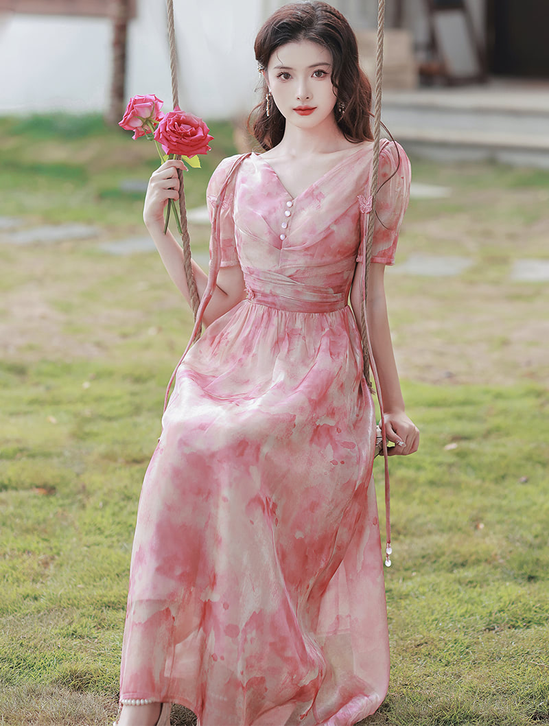 Beautiful Princess Pink Short Sleeve Flowy Summer Casual Dress03