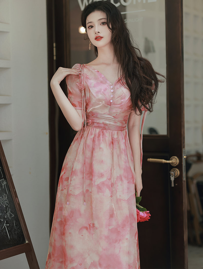 Beautiful Princess Pink Short Sleeve Flowy Summer Casual Dress04