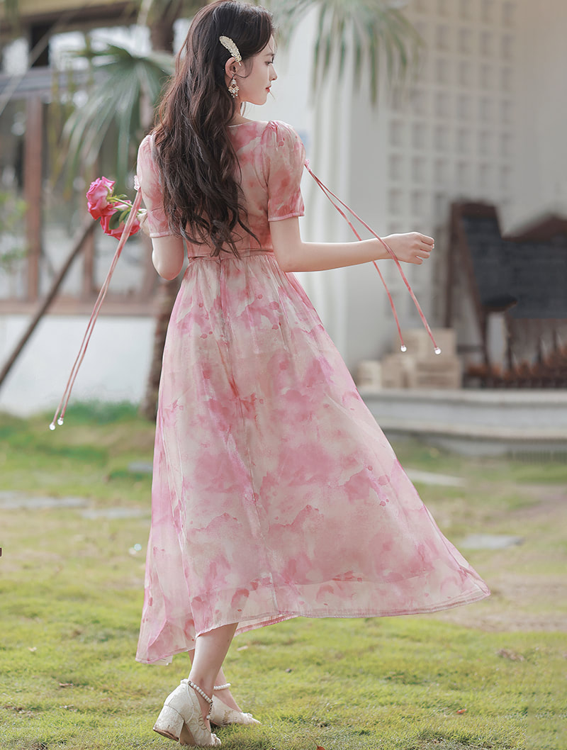 Beautiful Princess Pink Short Sleeve Flowy Summer Casual Dress05