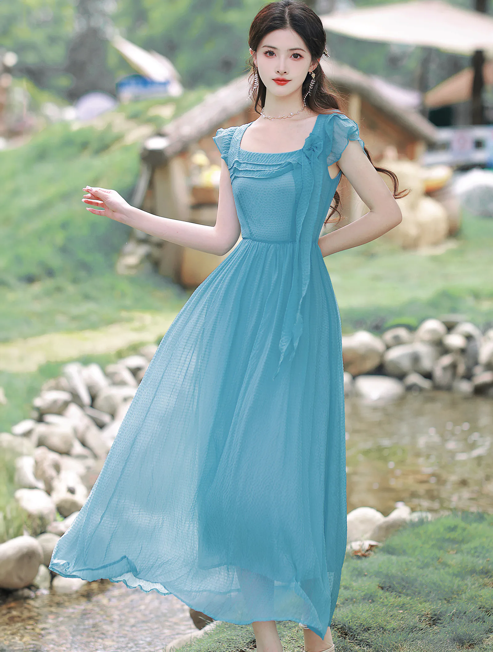Charming Soft Blue Square Neck Summer Beach Casual Long Dress – FloraShe