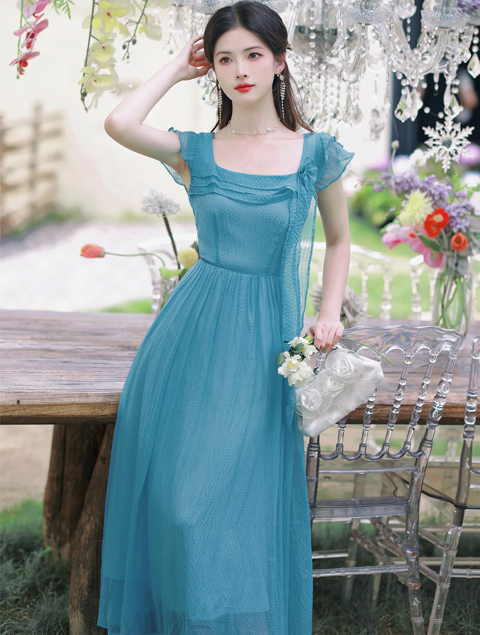 Charming Soft Blue Square Neck Summer Beach Casual Long Dress02