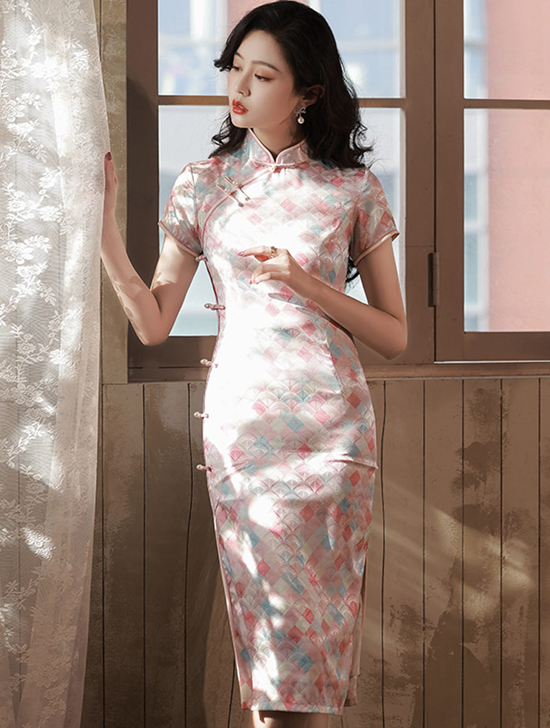 Chic Short Sleeve Pink Modern Daily Qipao Party Bodycon Midi Dress01