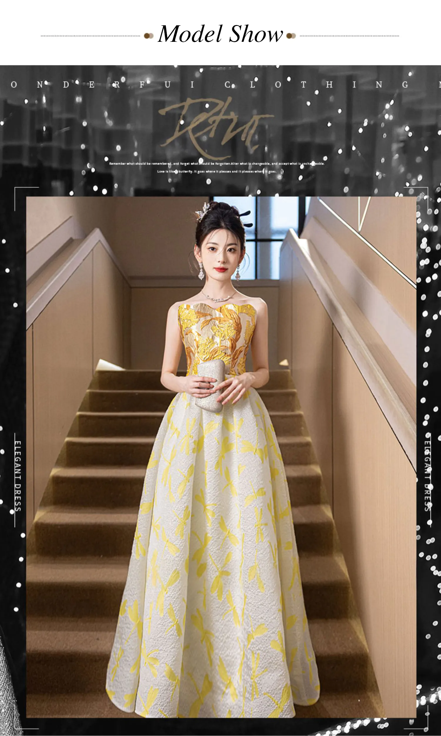 Chic-Strapless-Evening-Dress-with-Gold-Floral-Bodice-and-Dragonfly-Print-Skirt11