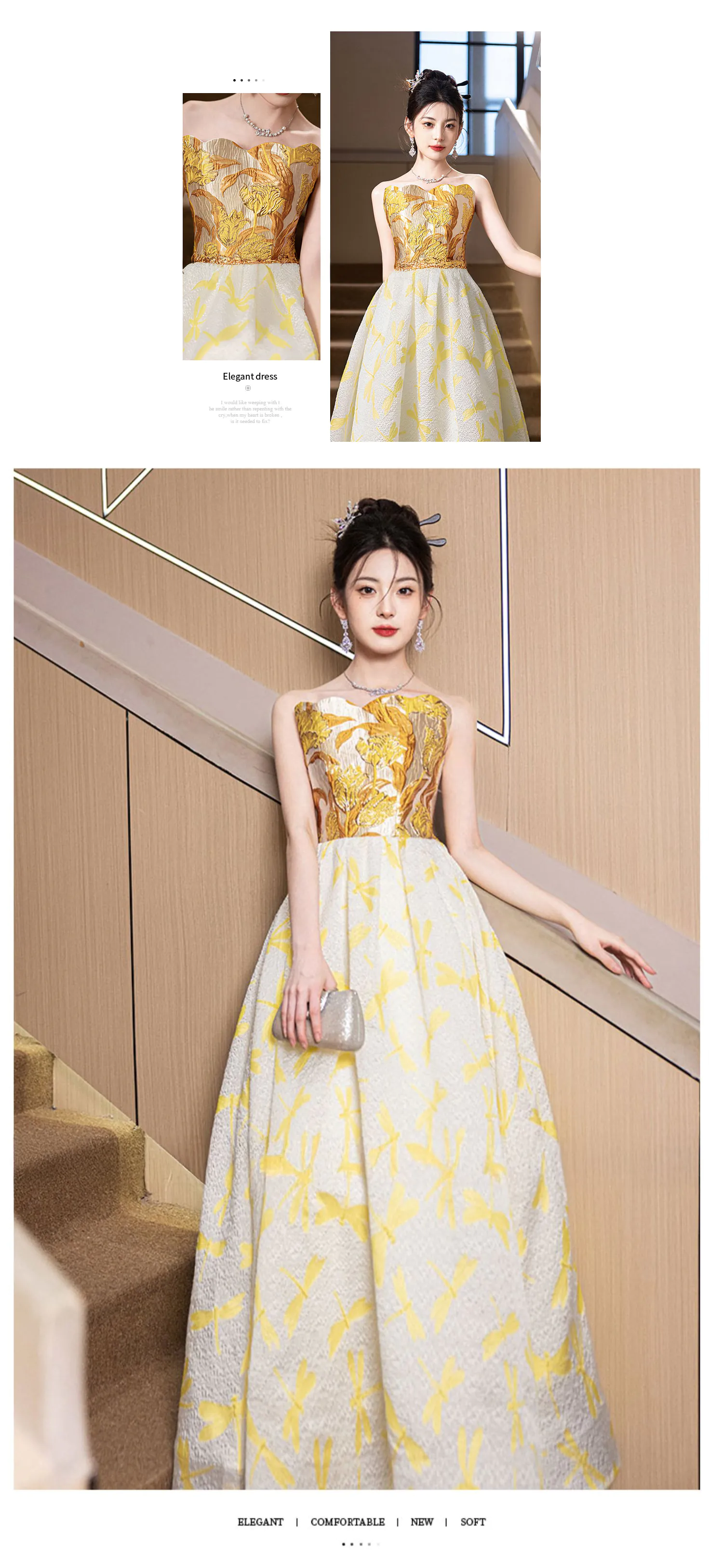Chic-Strapless-Evening-Dress-with-Gold-Floral-Bodice-and-Dragonfly-Print-Skirt12