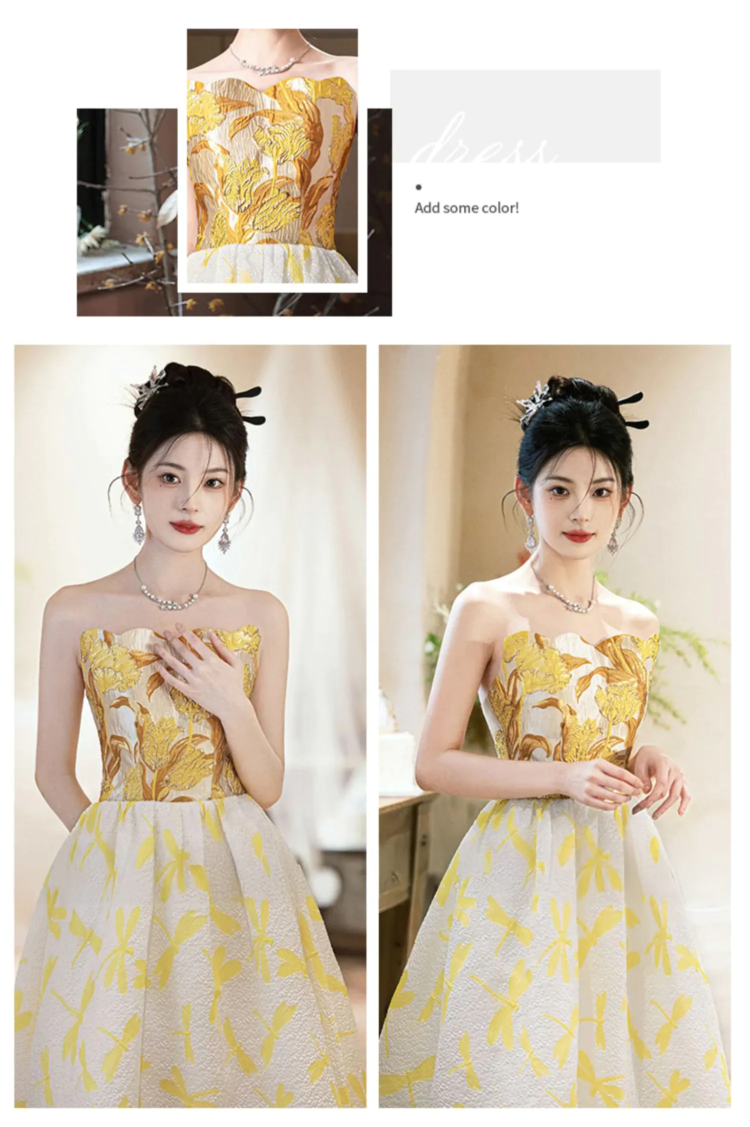 Chic-Strapless-Evening-Dress-with-Gold-Floral-Bodice-and-Dragonfly-Print-Skirt13