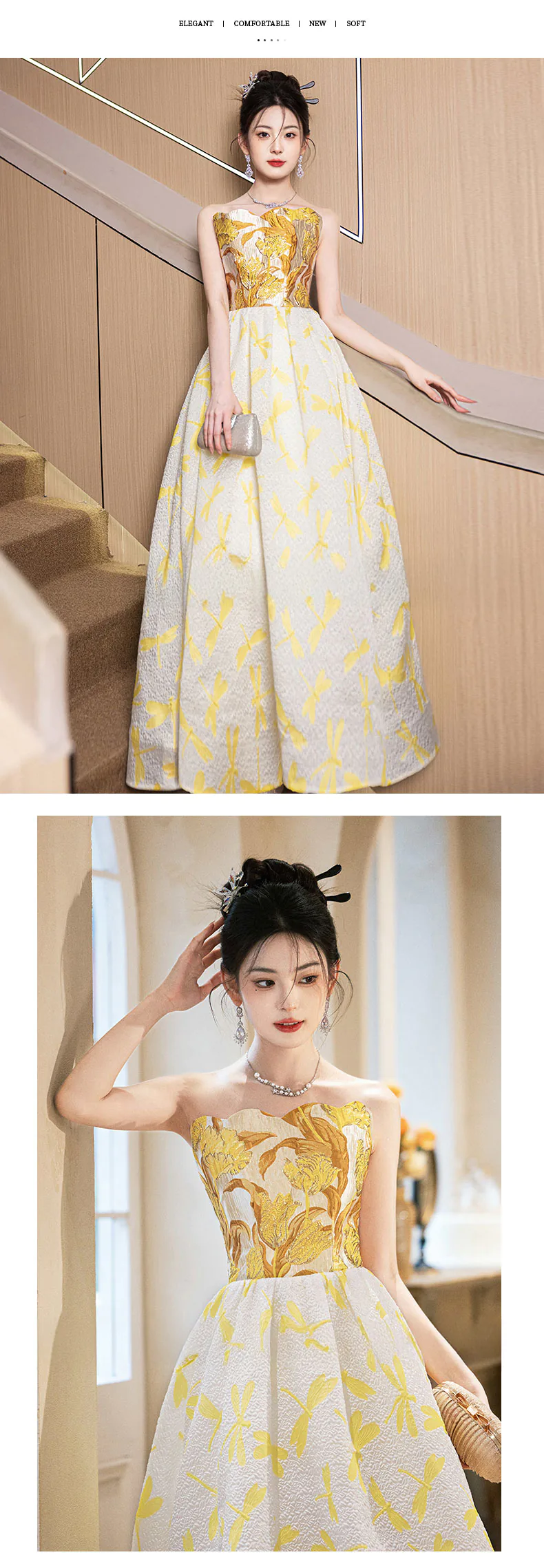 Chic-Strapless-Evening-Dress-with-Gold-Floral-Bodice-and-Dragonfly-Print-Skirt14