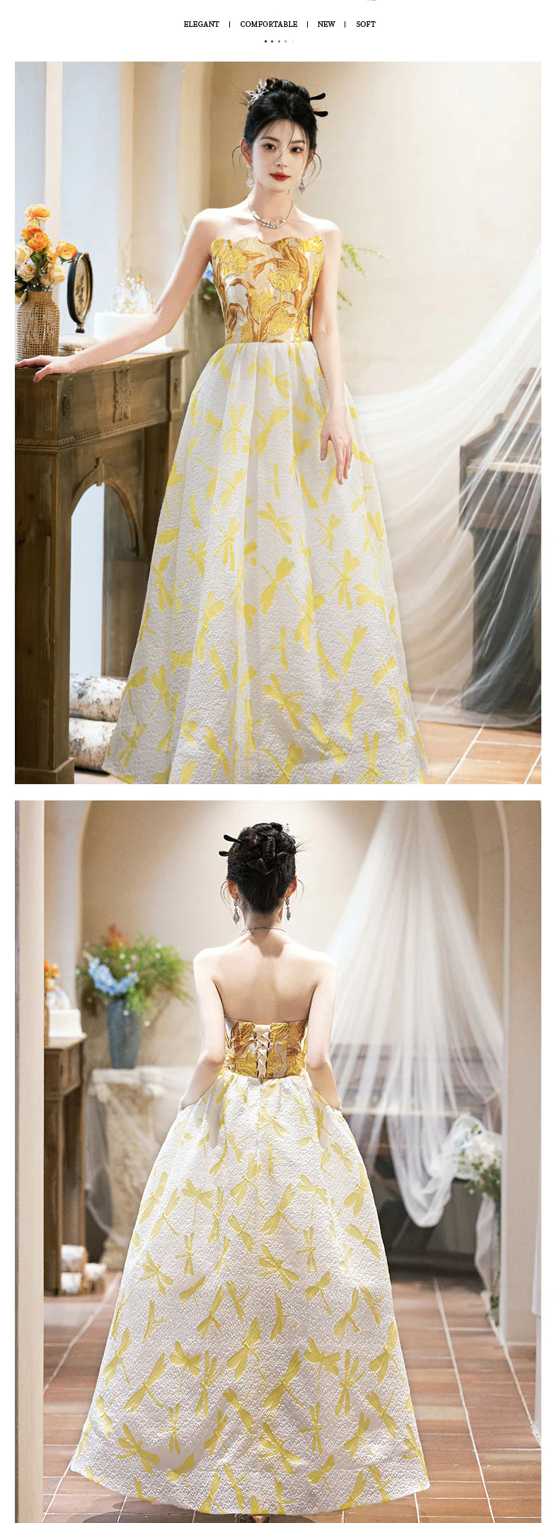 Chic-Strapless-Evening-Dress-with-Gold-Floral-Bodice-and-Dragonfly-Print-Skirt15