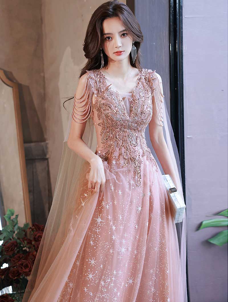 Classy Pink Evening Dress Aesthetic Birthday Party Outfit with Tassel02
