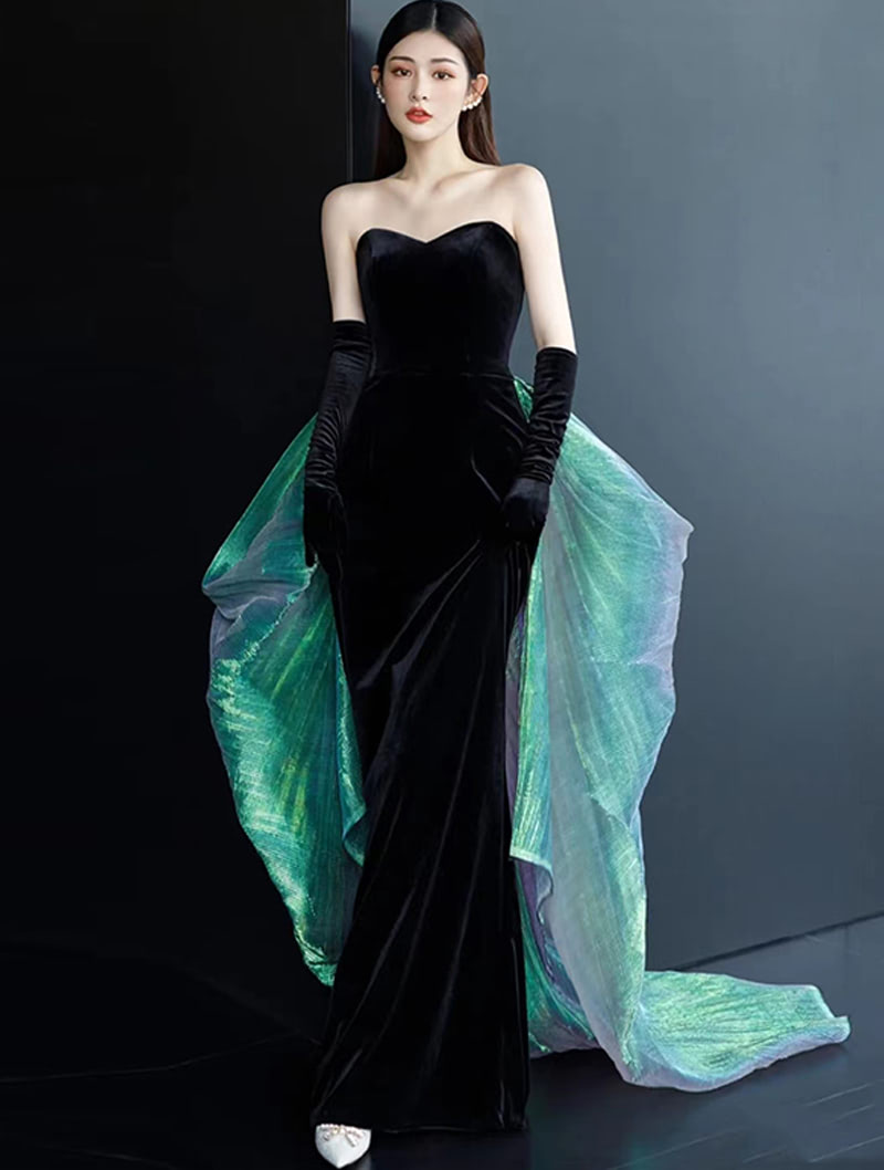 Elegant Vintage Black Velvet Fishtail Banquet Party Evening Dress01