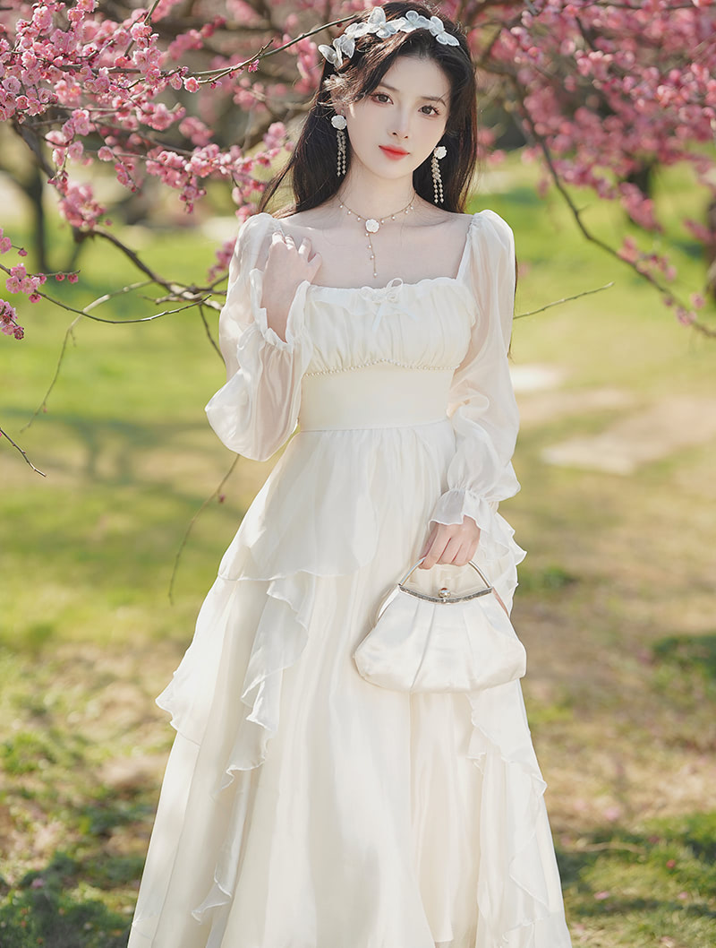 Fairy High Waist Long Sleeve Ruffle White Slim Style Casual Dress02