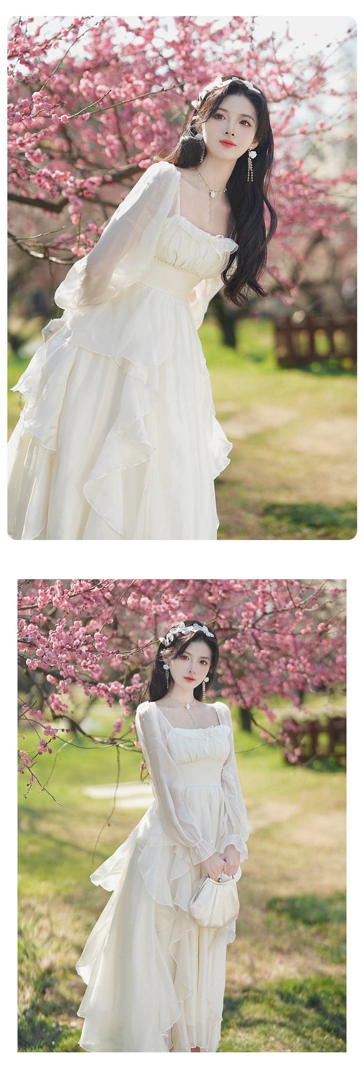 Fairy-High-Waist-Long-Sleeve-Ruffle-White-Slim-Style-Casual-Dress