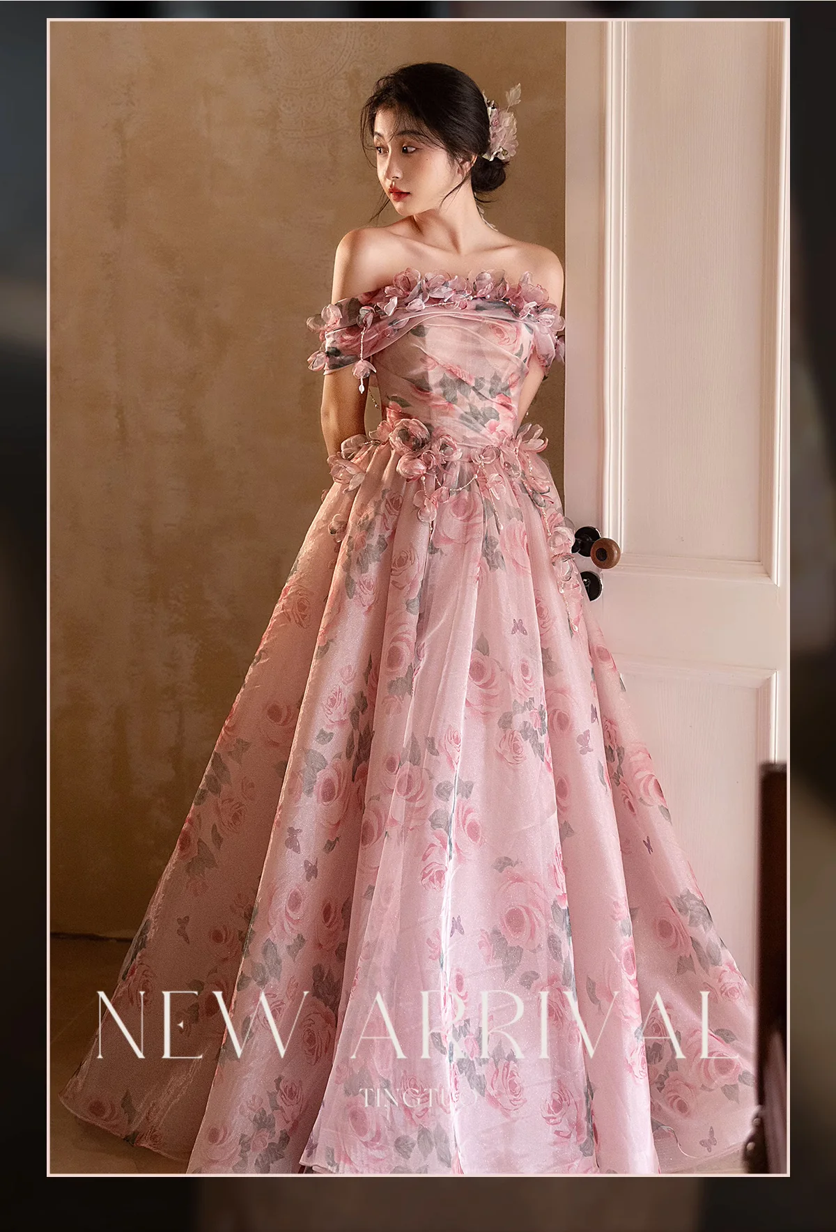 Fairy-Pink-French-Style-Off-Shoulder-Floral-Wedding-Cocktail-Dress08