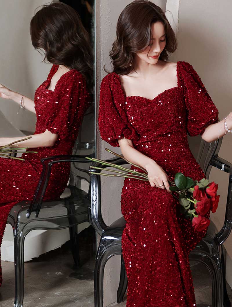 Fashion Wine Red Sparkly Evening Party Dress Elegant Ball Gown05