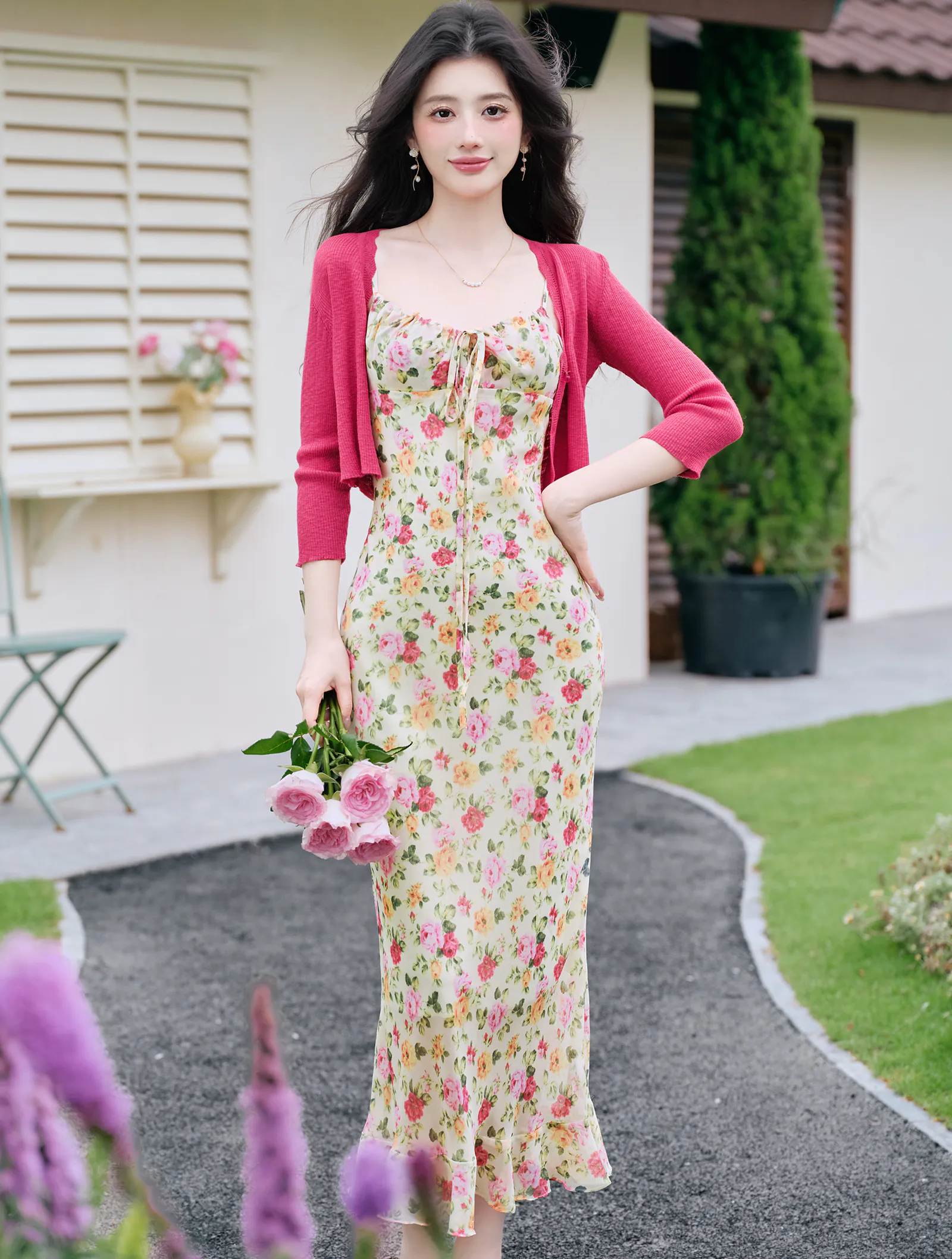 French Retro Summer Floral Cami Dress and Matching Cropped Knit Cardigan01