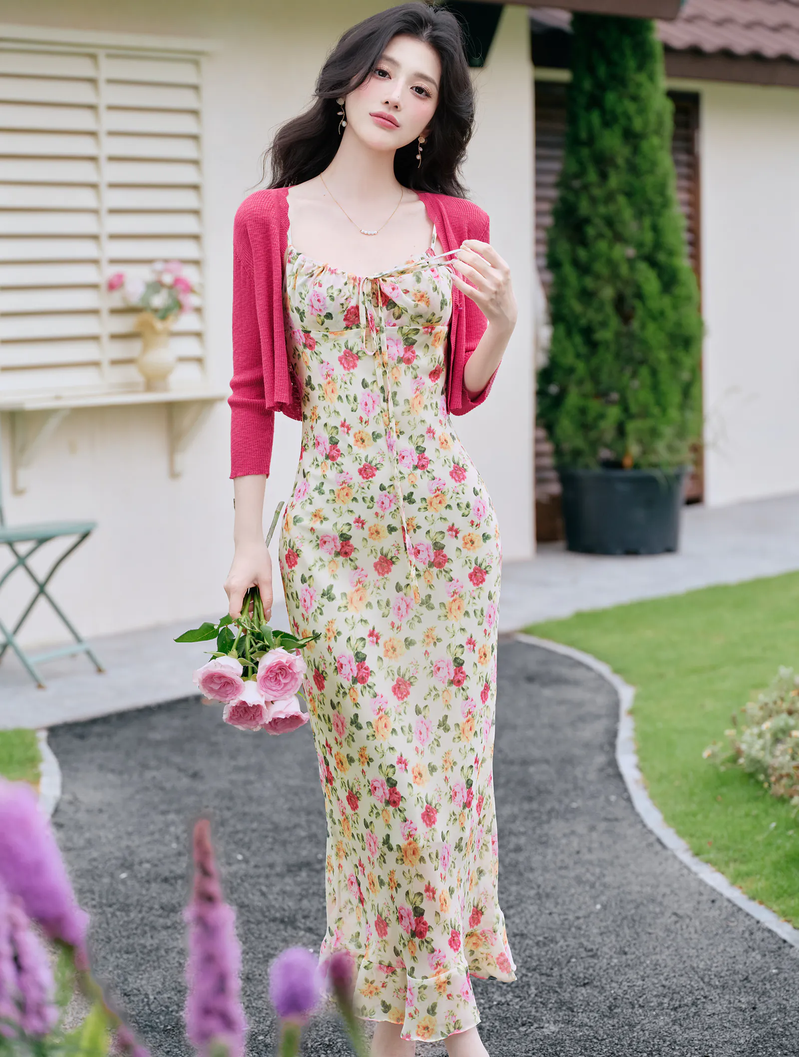 French Retro Summer Floral Cami Dress and Matching Cropped Knit Cardigan -  FloraShe