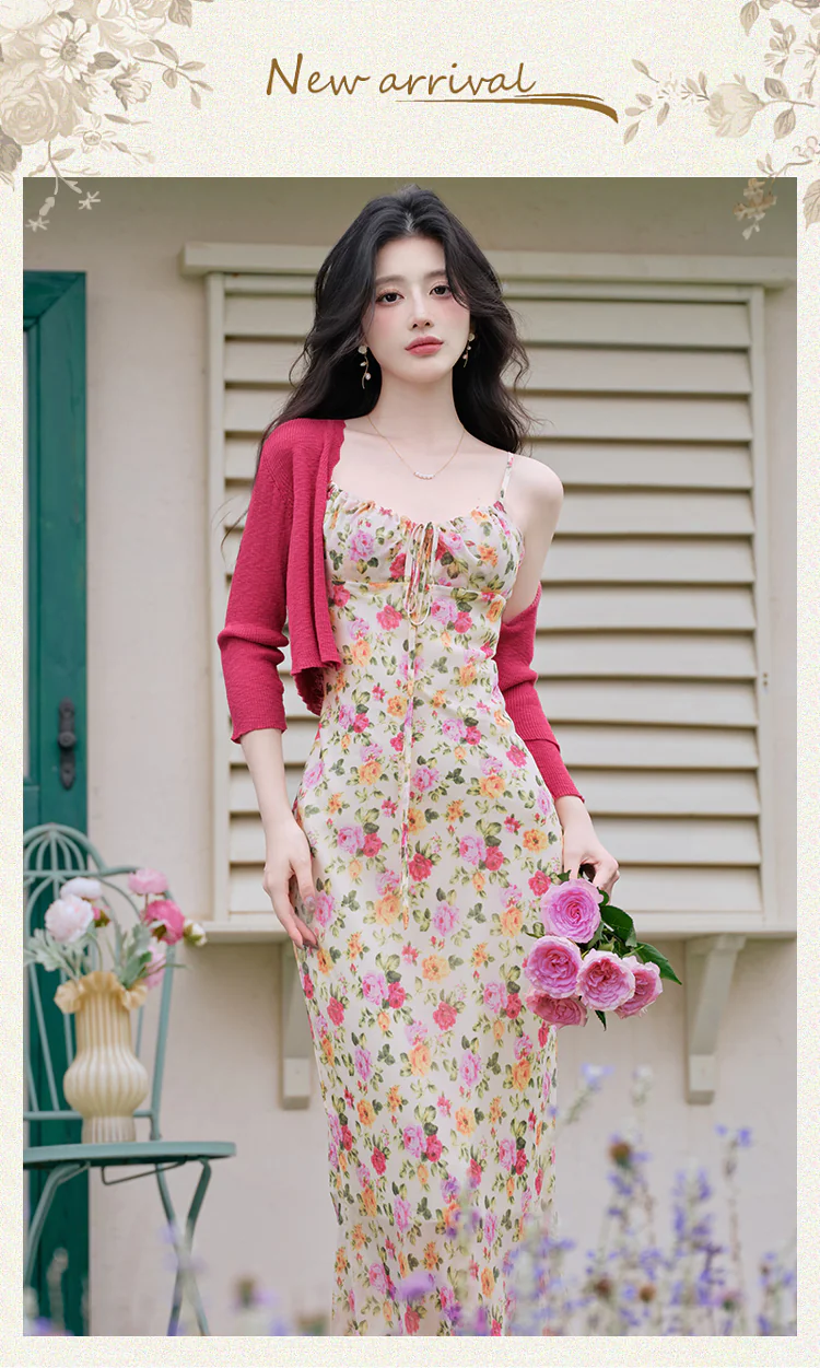 French Retro Summer Floral Cami Dress and Matching Cropped Knit Cardigan -  FloraShe