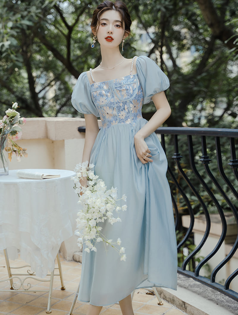French Vintage Blue Jacquard Square Neck Casual Maxi Dress01