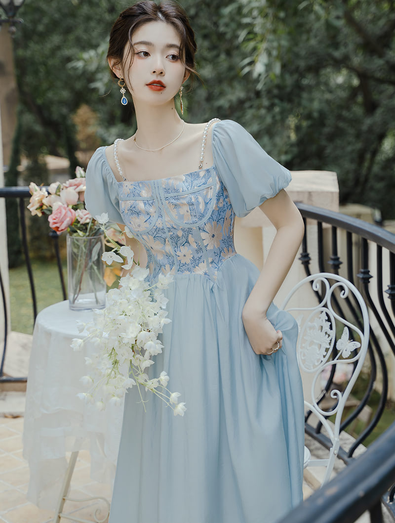 French Vintage Blue Jacquard Square Neck Casual Maxi Dress02