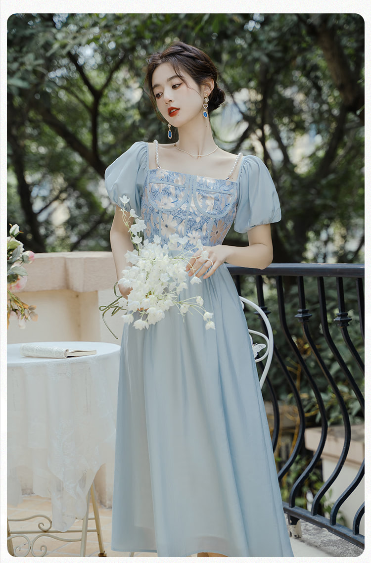 French Vintage Blue Jacquard Square Neck Casual Maxi Dress – FloraShe