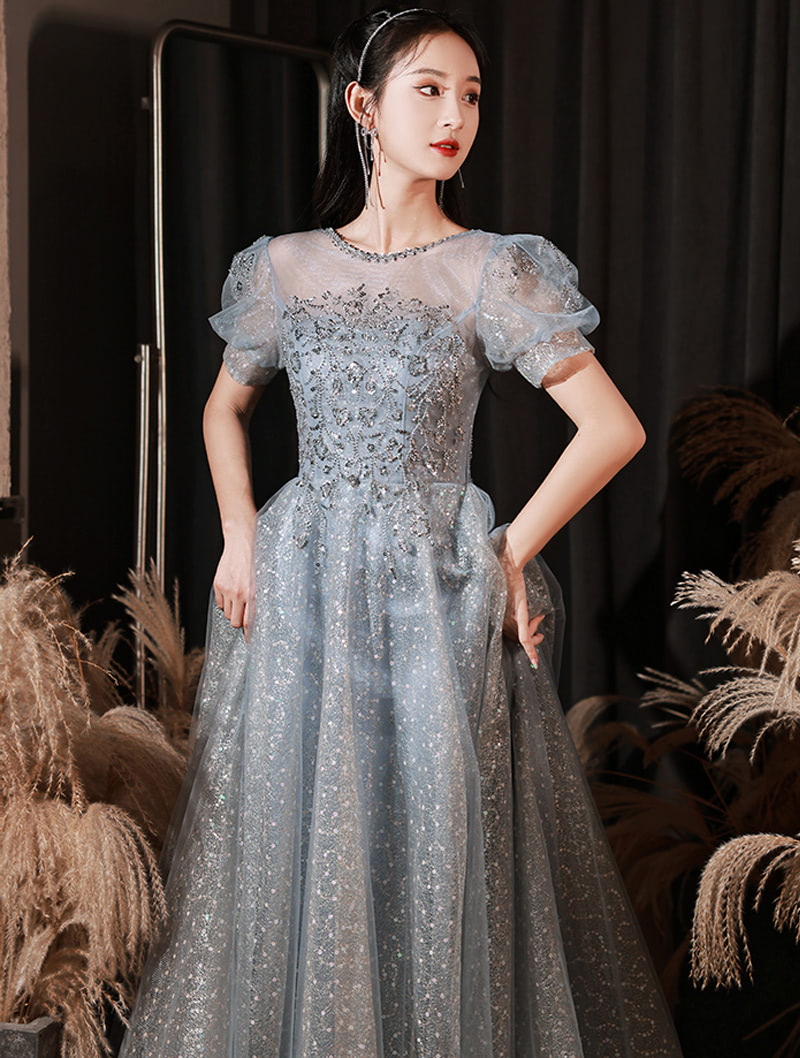 Glitter Grey Blue Prom Ceremony Concert Host Formal Gown Dress01