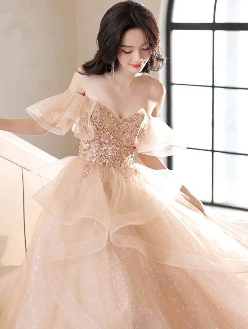 Ladies Fairy Champagne Tulle Off the Shoulder Prom Dress Evening Gown02