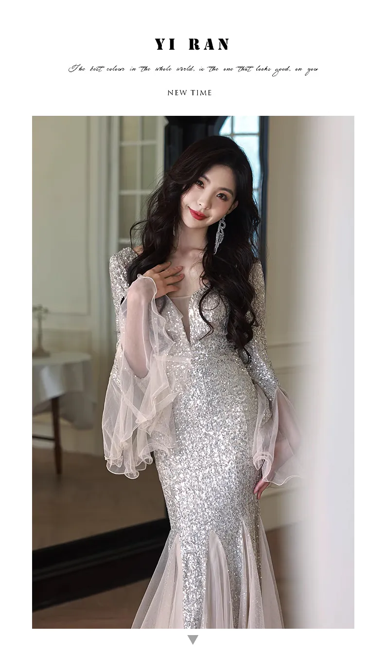 Ladies-Silver-V-neck-Fishtail-Evening-Dress-Banquet-Formal-Gown06