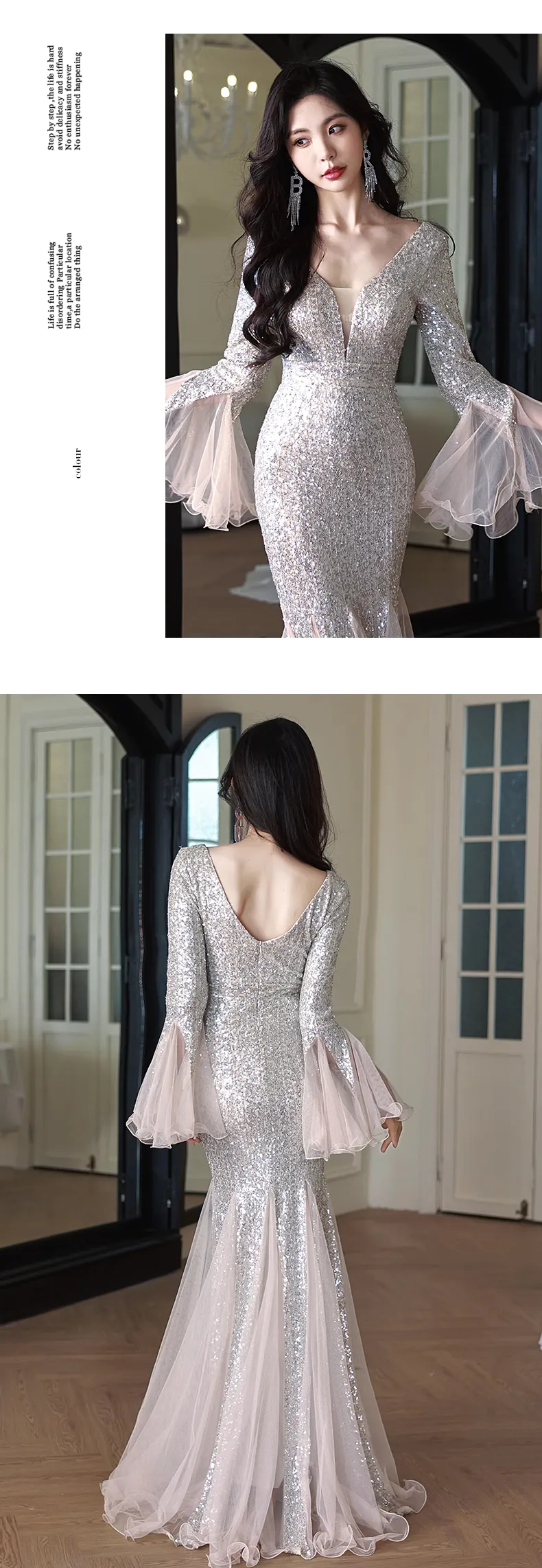 Ladies-Silver-V-neck-Fishtail-Evening-Dress-Banquet-Formal-Gown15