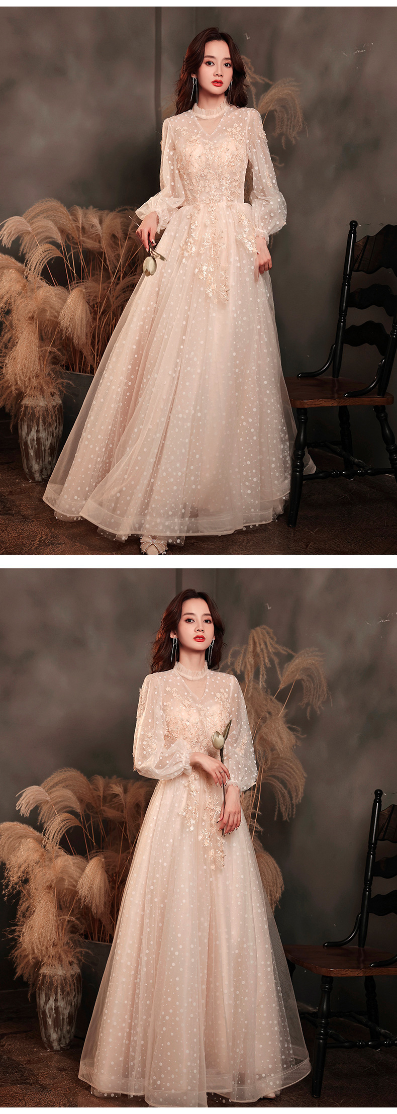 Long Sleeve Champagne Formal Evening Dress & Party Gown09